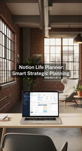 A minimalist loft with a Notion Life Planner on screen overlay text Notion Life Planner Smart Strate.jpg