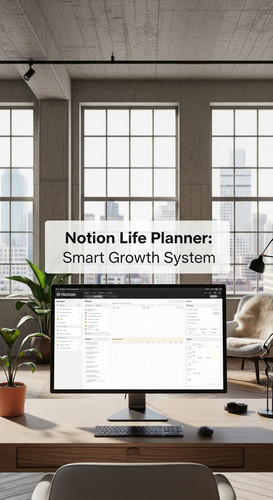 A minimalist loft with a Notion Life Planner on screen overlay text Notion Life Planner Smart Growth.jpg