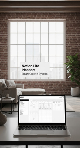 A minimalist loft with a Notion Life Planner on screen overlay text Notion Life Planner Smart Growth.jpg