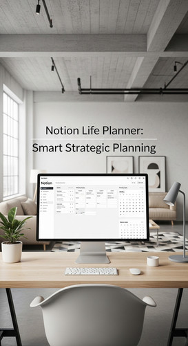 A minimalist loft with a Notion Life Planner on screen overlay text Notion Life Planner Smart Strate.jpg