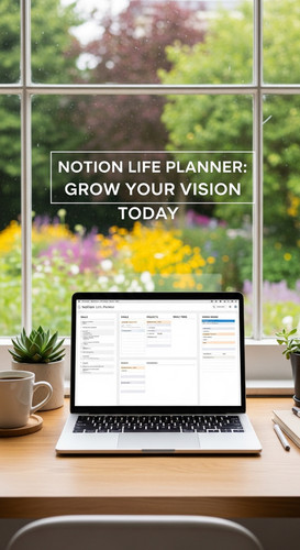 A workspace with a garden view a laptop showing a Notion Life Planner overlay text Notion Life Plann.jpg