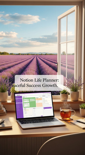 A workspace with a lavender field view a laptop showing a Notion Life Planner overlay text Notion Li.jpg