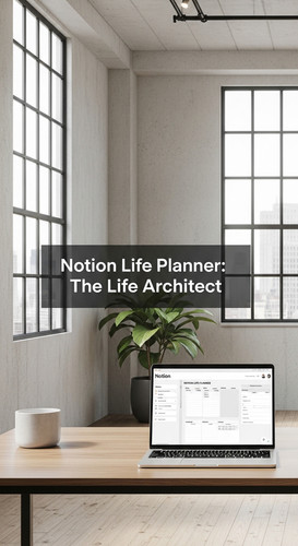 A minimalist loft with a Notion Life Planner on screen overlay text Notion Life Planner The Life Arc.jpg