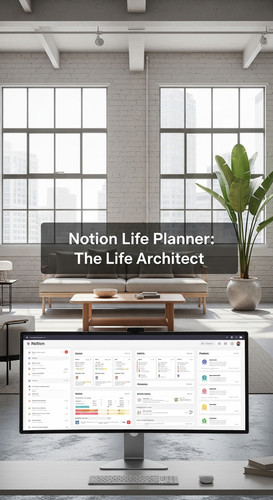 A minimalist loft with a Notion Life Planner on screen overlay text Notion Life Planner The Life Arc.jpg