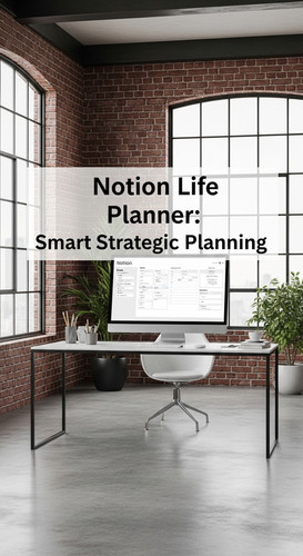 A minimalist loft with exposed brick a Notion Life Planner on screen overlay text Notion Life Planne.jpg