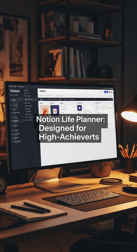 A professional creative studio with a Notion Life Planner on a secondary screen overlay text Notion .jpg