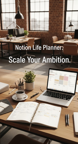 A professional agency workspace with a Notion Life Planner overlay text Notion Life Planner Scale Yo.jpg