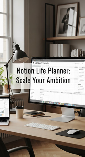 A professional agency workspace with a Notion Life Planner overlay text Notion Life Planner Scale Yo.jpg