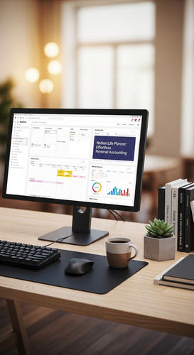 A professional design desk with a Notion Life Planner on screen overlay text Notion Life Planner Eff.jpg