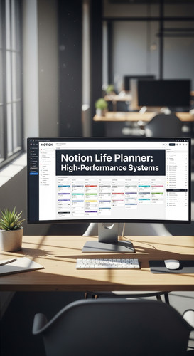 A professional agency workspace with a wide monitor displaying a Notion Life Planner overlay text No.jpg