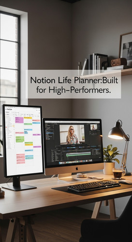 A professional creative studio with a Notion Life Planner on a secondary screen overlay text Notion .jpg