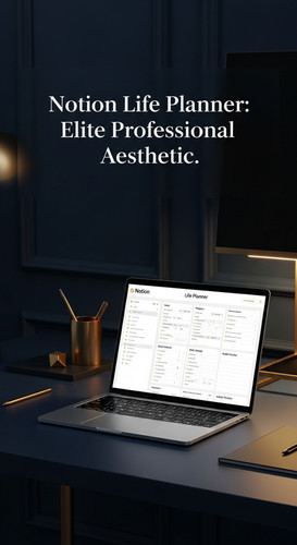 Dark navy workspace with subtle gold accents a MacBook showing a Notion Life Planner overlay text No.jpg