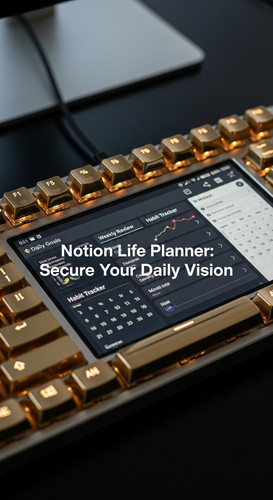 Closeup of a premium mechanical keyboard with gold keycaps a screen showing a Notion Life Planner ov.jpg