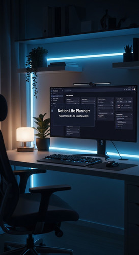 Dark mode office aesthetic with soft blue neon undertones a monitor displaying a Notion Life Planner.jpg
