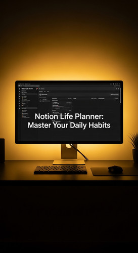 Dark mode workspace with soft gold backlighting a desktop monitor showing a Notion Life Planner over.jpg