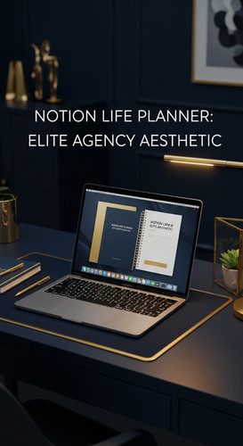 Dark navy workspace with gold accents a MacBook showing a Notion Life Planner overlay text Notion Li.jpg