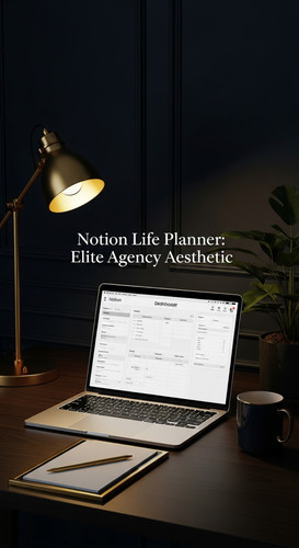Dark navy workspace with gold accents a MacBook showing a Notion Life Planner overlay text Notion Li.jpg