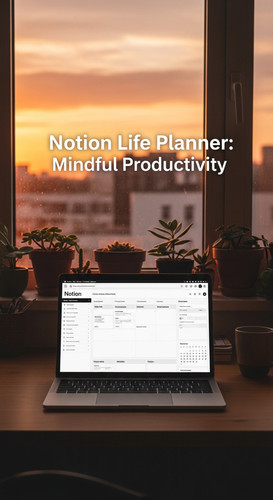 A workspace with a sunset view a laptop showing a Notion Life Planner overlay text Notion Life Plann.jpg