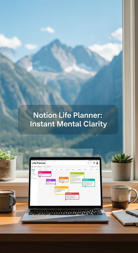 A workspace with a mountain view a laptop showing a Life Planner overlay text Notion Life Planner In.jpg