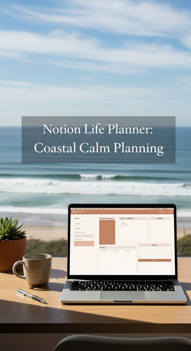 A workspace with a sea view a laptop showing a Notion Life Planner overlay text Notion Life Planner .jpg