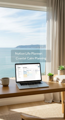 A workspace with a sea view a laptop showing a Notion Life Planner overlay text Notion Life Planner .jpg