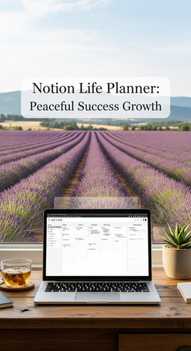 A workspace with a lavender field view a laptop showing a Notion Life Planner overlay text Notion Li.jpg
