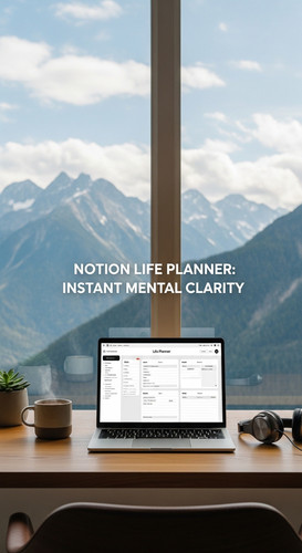 A workspace with a panoramic mountain view a laptop showing a Life Planner overlay text Notion Life .jpg