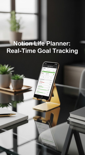 Modern glass desk with a gold phone stand showing a Life Planner overlay text Notion Life Planner Re.jpg