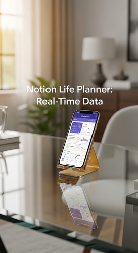 Modern glass desk with a gold phone stand displaying a Life Planner overlay text Notion Life Planner.jpg