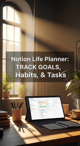 Morning sunlight through an arched window a clean desk with a Notion Life Planner overlay text Notio.jpg