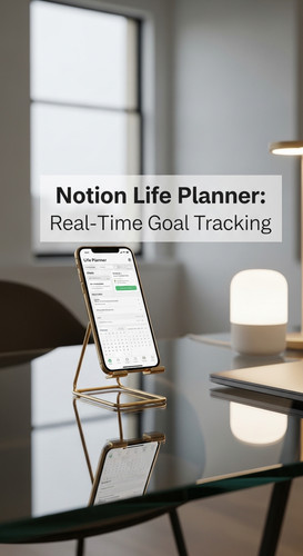 Modern glass desk with a gold phone stand showing a Life Planner overlay text Notion Life Planner Re.jpg