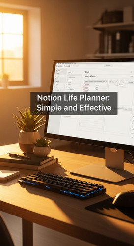 Warm golden hour light on a clean desk with a Notion Life Planner on screen overlay text Notion Life.jpg