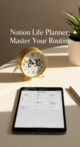 Warm afternoon light hitting a clean white workspace with a gold desk clock an iPad showing a Habit .jpg