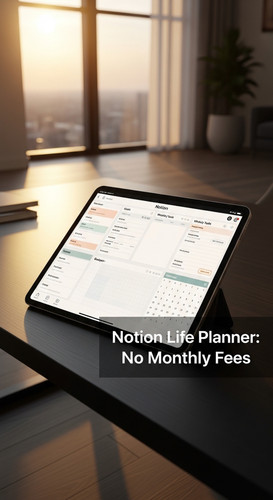 Warm sunset light filtering through a highrise window an iPad showing a Notion Life Planner overlay .jpg