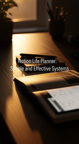 Warm sunset lighting on a dark wood desk with a Notion Life Planner overlay text Notion Life Planner.jpg