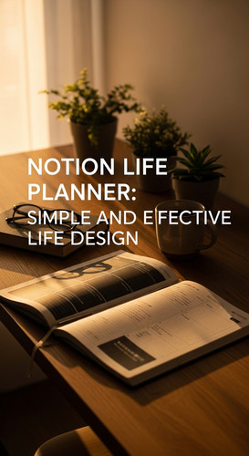 Warm sunset lighting on a wooden desk with a Notion Life Planner overlay text Notion Life Planner Si.jpg