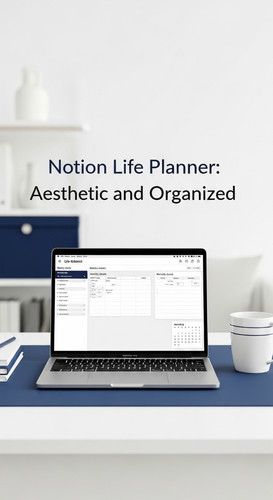 White and navy workspace aesthetic a MacBook showing a Notion Life Planner overlay text Notion Life .jpg