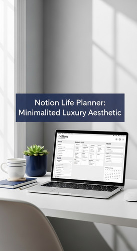 White and navy workspace aesthetic a MacBook showing a Notion Life Planner overlay text Notion Life .jpg
