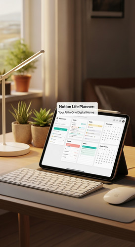 Warm morning light hitting a clean aesthetic workspace an iPad displaying a Life Planner dashboard o.jpg