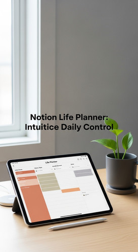 A minimalist workspace with an iPad displaying a Life Planner overlay text Notion Life Planner Intui.jpg