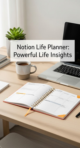A minimalist studio desk with a Notion Life Planner overlay text Notion Life Planner Powerful Life I.jpg