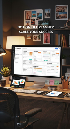 A professional advertising agency workspace with a wide monitor displaying a Notion Life Planner ove.jpg