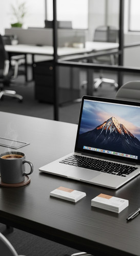A professional agency desk with a laptop showing a Life Planner overlay text Notion Life Planner Bus.jpg