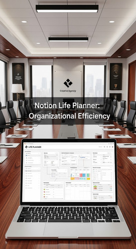 A professional agency boardroom with a laptop showing a Life Planner overlay text Notion Life Planne.jpg
