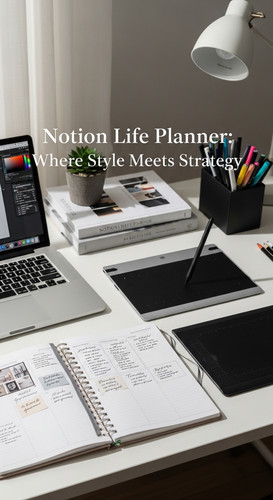 A professional designers desk with a Notion Life Planner overlay text Notion Life Planner Where Styl.jpg