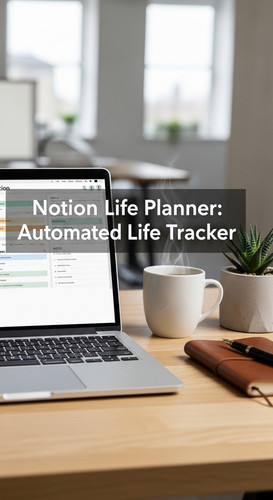 A professional desk with a Notion Life Planner on screen overlay text Notion Life Planner Automated .jpg