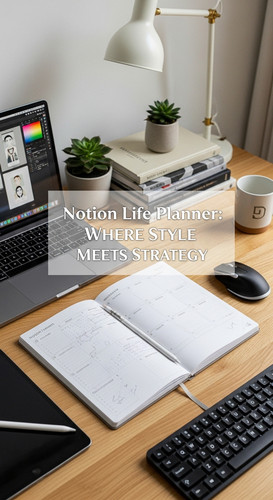 A professional designers desk with a Notion Life Planner overlay text Notion Life Planner Where Styl.jpg