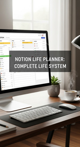 A professional desk with a Notion Life Planner on screen overlay text Notion Life Planner Complete L.jpg