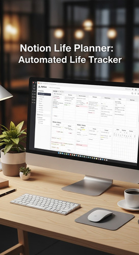 A professional desk with a Notion Life Planner on screen overlay text Notion Life Planner Automated .jpg