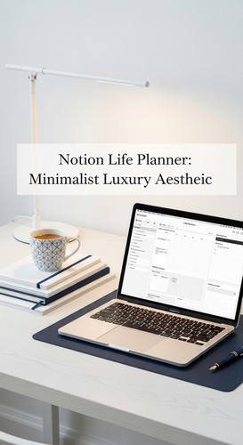 White and navy workspace aesthetic a MacBook showing a Notion Life Planner overlay text Notion Life .jpg